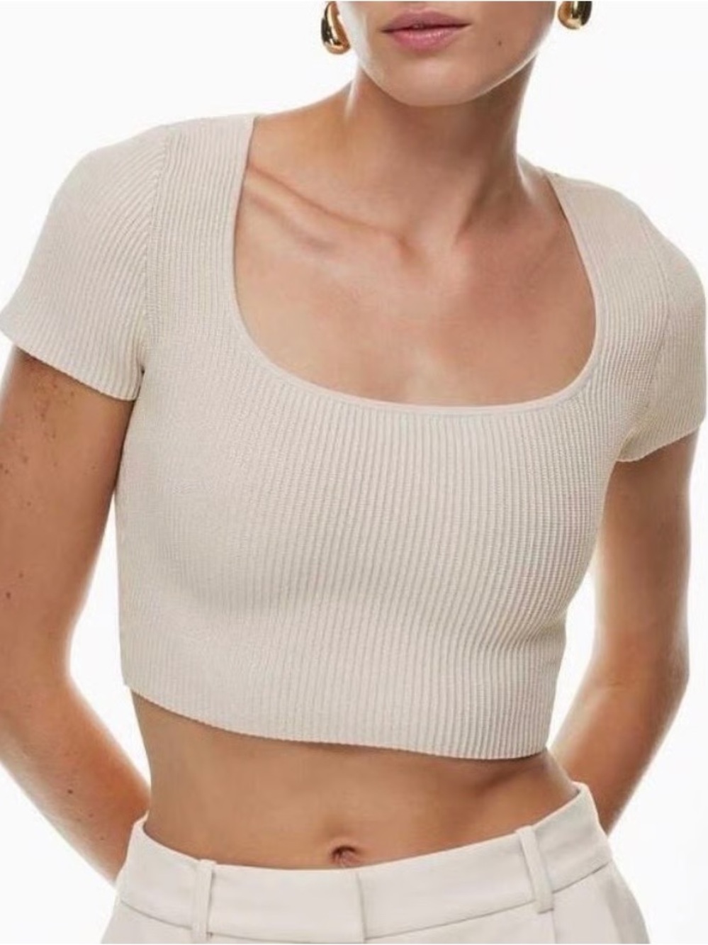 Aritzia Babaton Sculpt Knit Squareneck Crop Top Matte Pearl Ribbed Short Sleeve